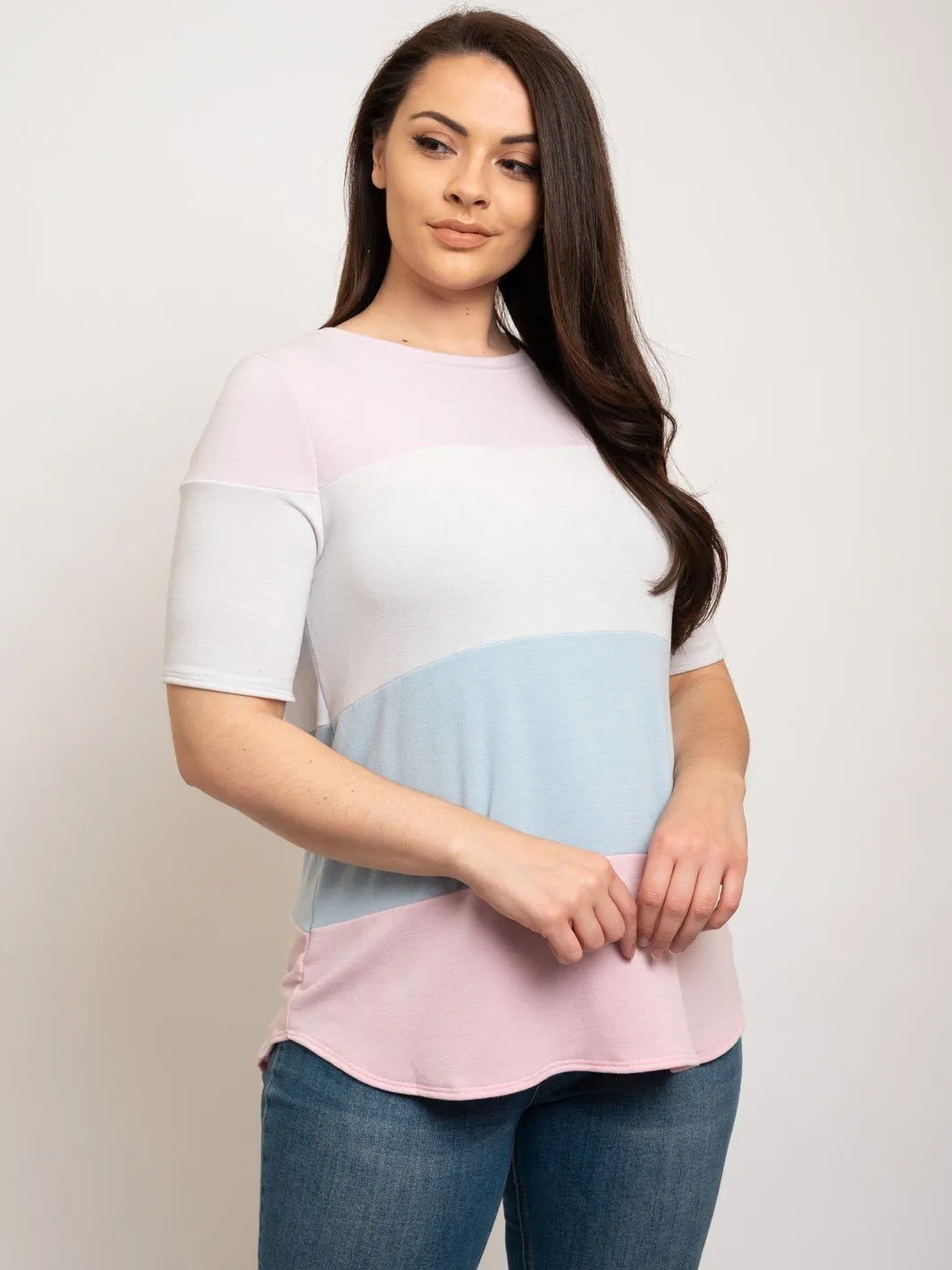 PLUS SIZE SHORT SLEEVE CROCHET BACK DETAILED COLORBLOCK TOP