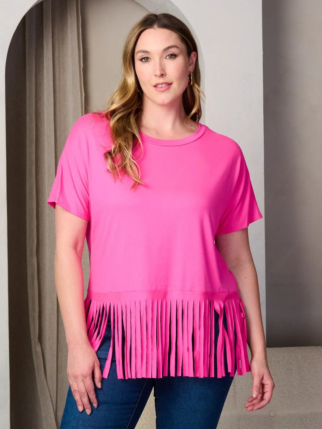 PLUS SIZE SHORT SLEEVE FRINGE BOTTOM HEM TUNIC TOP