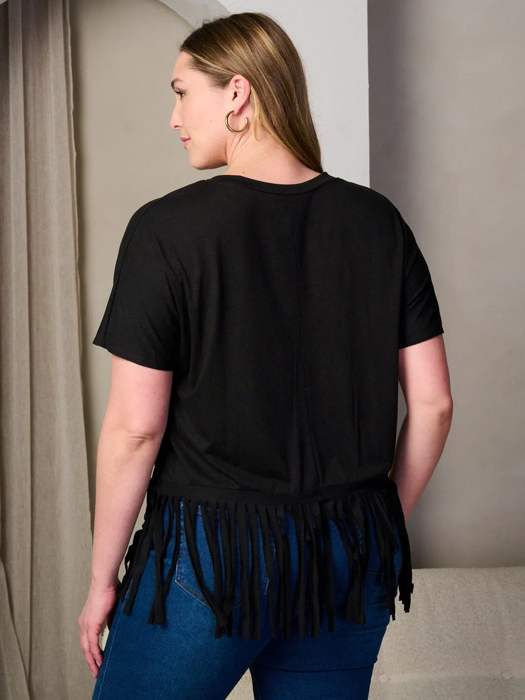 PLUS SIZE SHORT SLEEVE FRINGE BOTTOM HEM TUNIC TOP