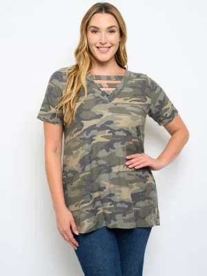 PLUS SIZE SHORT SLEEVE TUNIC CAMO PRINT TOP