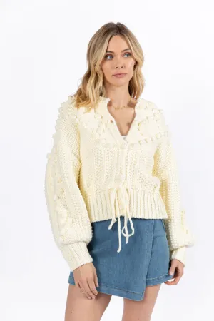 Pom Party Cream Chunky Cinched Waist Cardigan FINAL SALE