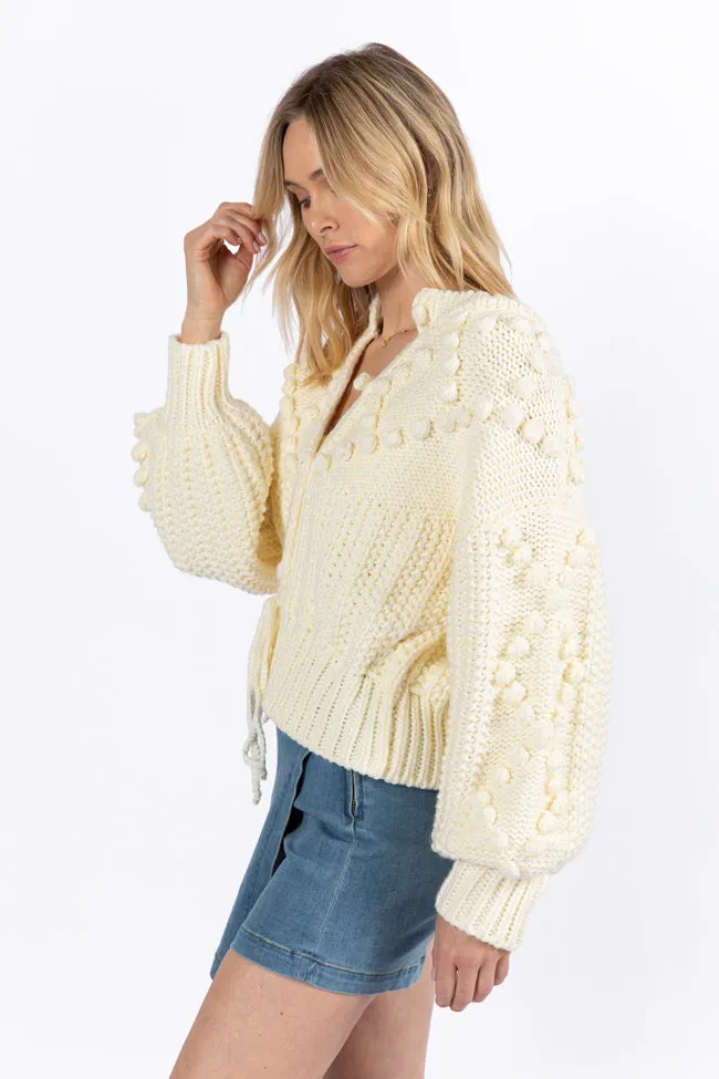 Pom Party Cream Chunky Cinched Waist Cardigan FINAL SALE