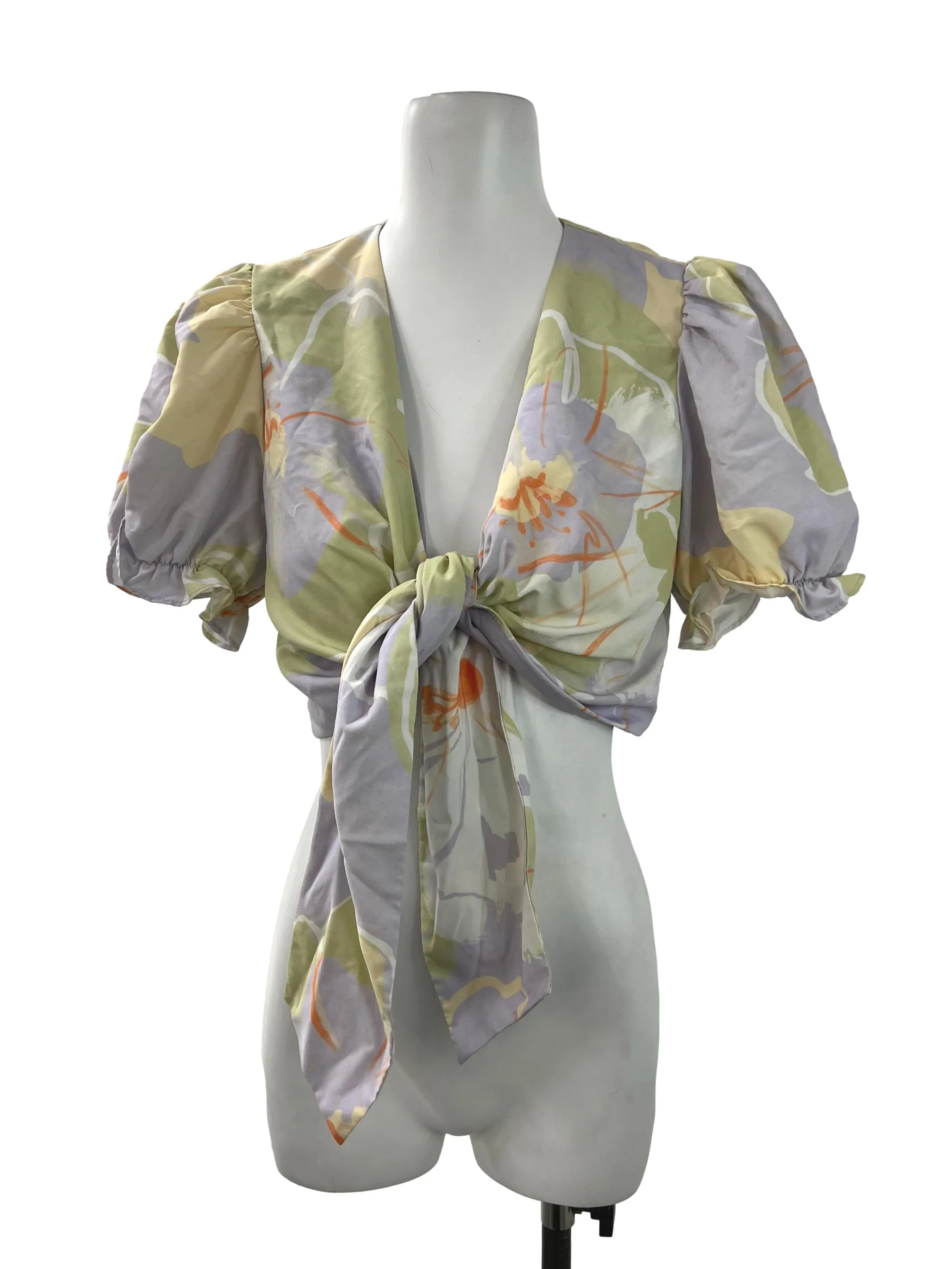 Purple Green Abstract Print Wrap Top LB