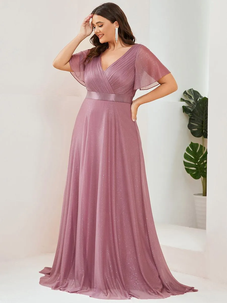 Robe de soirée grande taille manches courtes et col en V