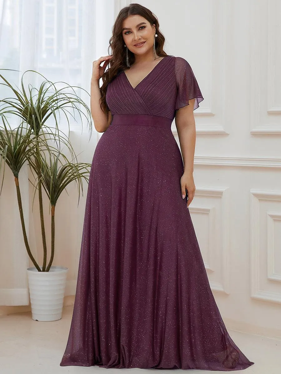 Robe de soirée grande taille manches courtes et col en V