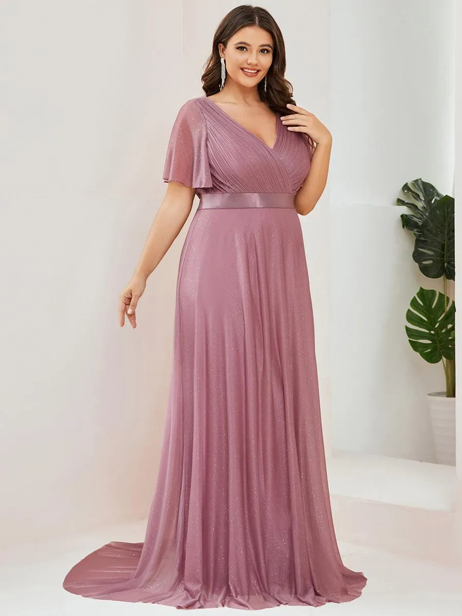 Robe de soirée grande taille manches courtes et col en V