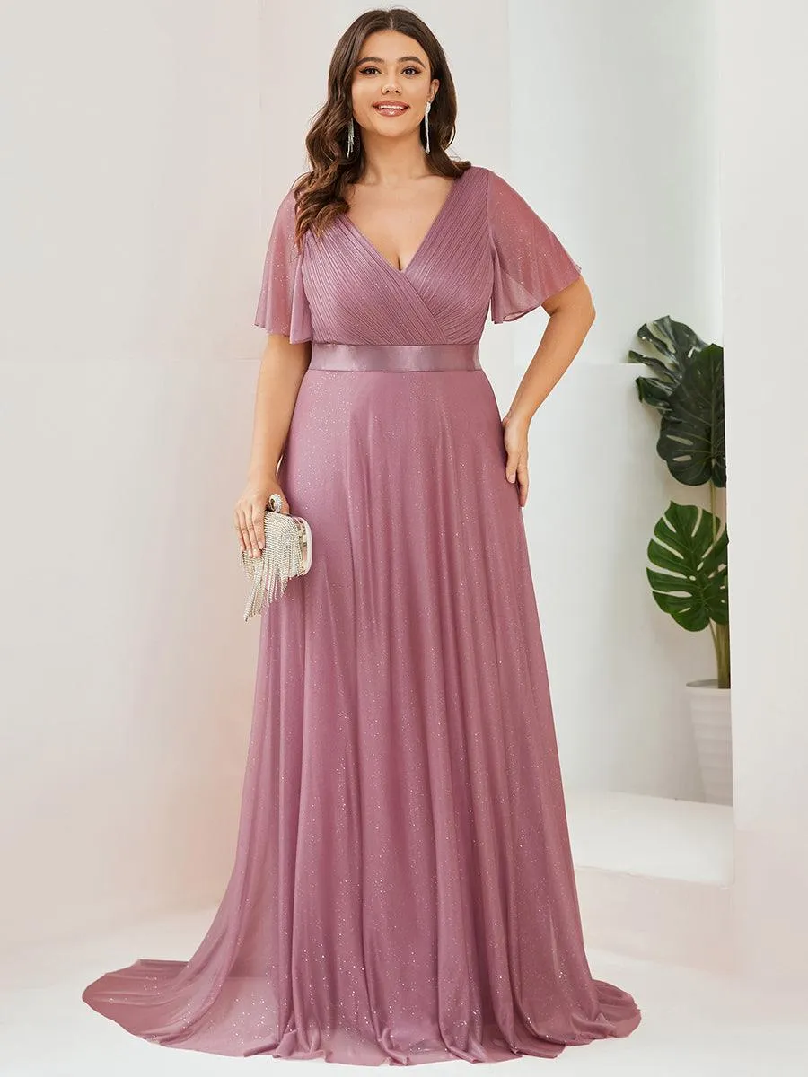 Robe de soirée grande taille manches courtes et col en V