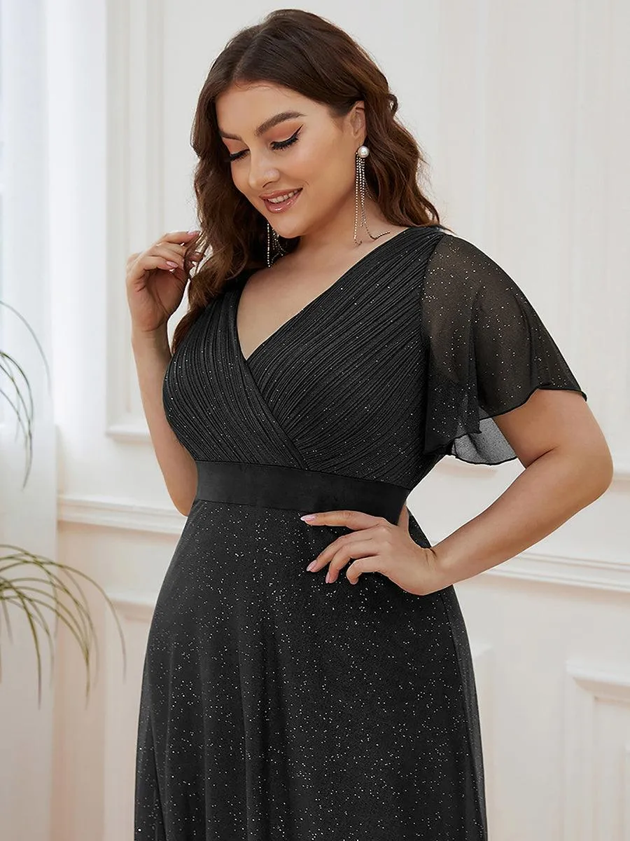 Robe de soirée grande taille manches courtes et col en V
