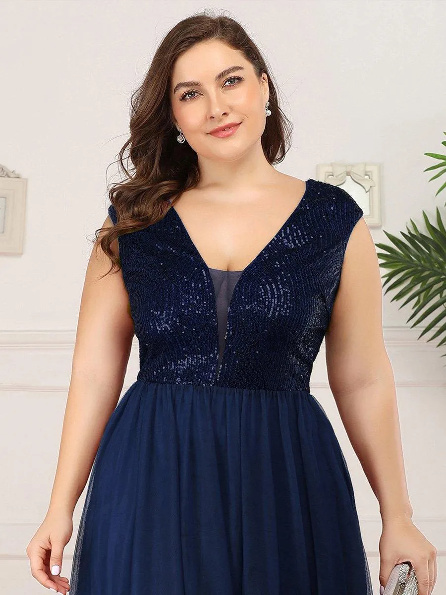 Robe de Soirée Longue à Paillettes et Col en V Profond(Vente finale)
