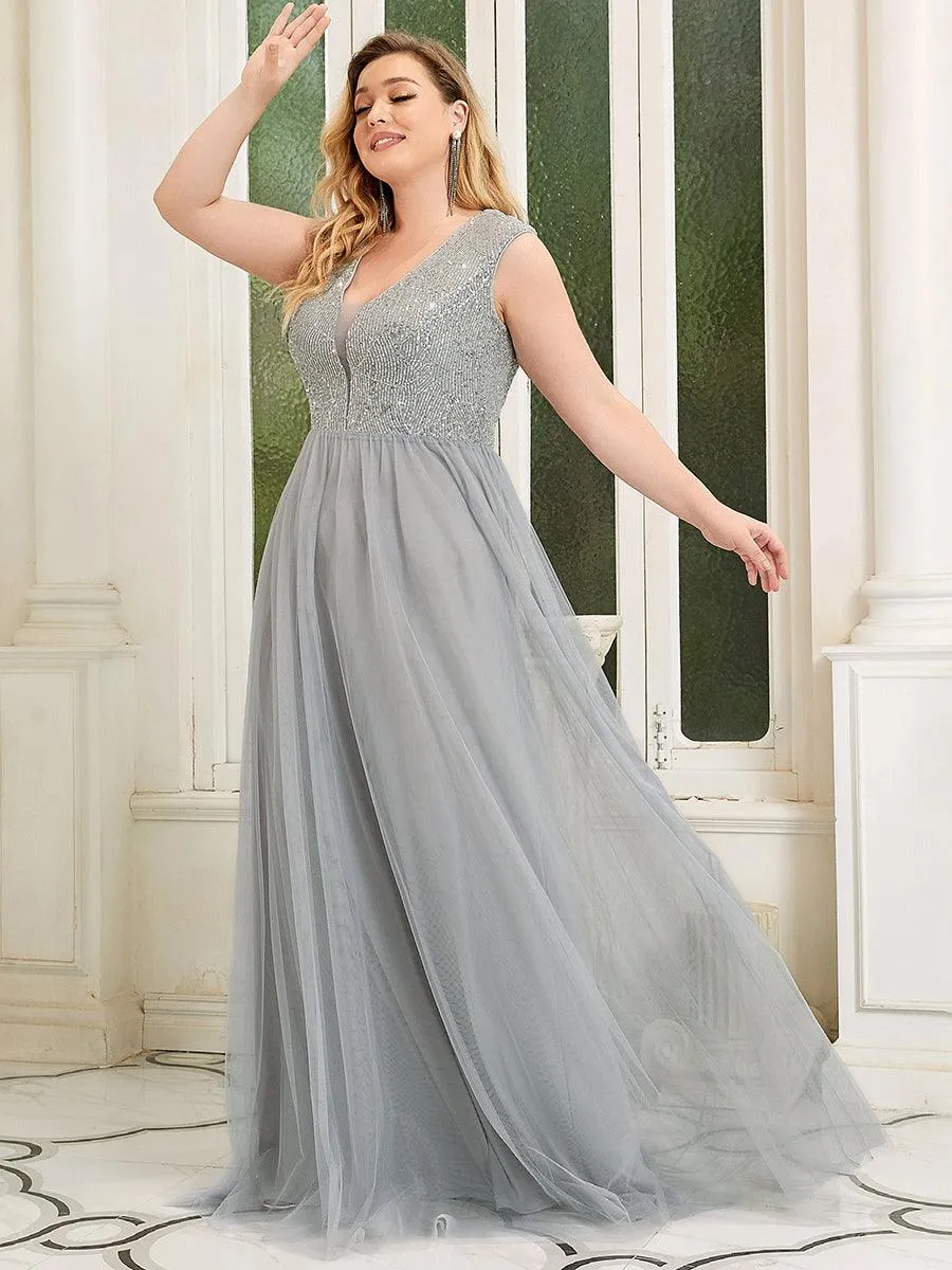 Robe de Soirée Longue à Paillettes et Col en V Profond(Vente finale)