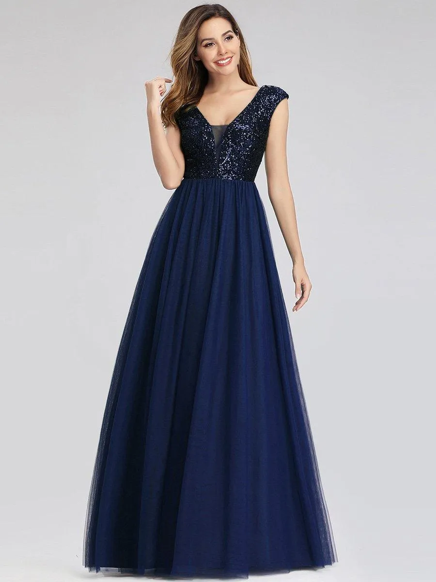 Robe de Soirée Longue à Paillettes et Col en V Profond(Vente finale)