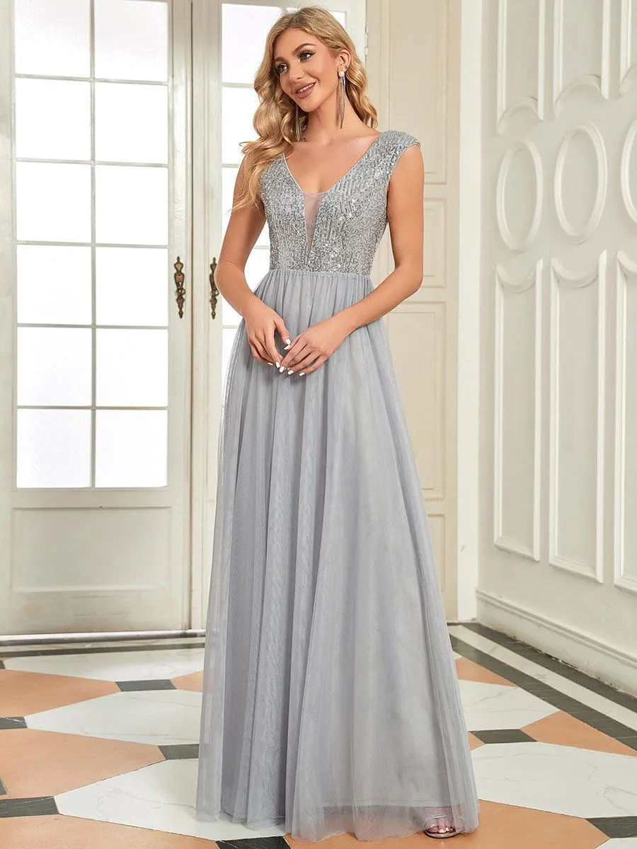 Robe de Soirée Longue à Paillettes et Col en V Profond(Vente finale)