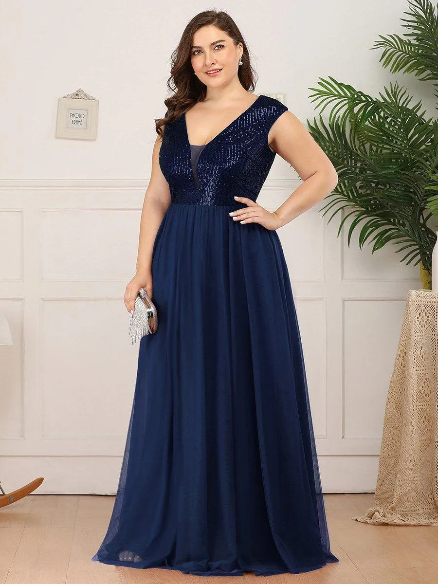 Robe de Soirée Longue à Paillettes et Col en V Profond(Vente finale)