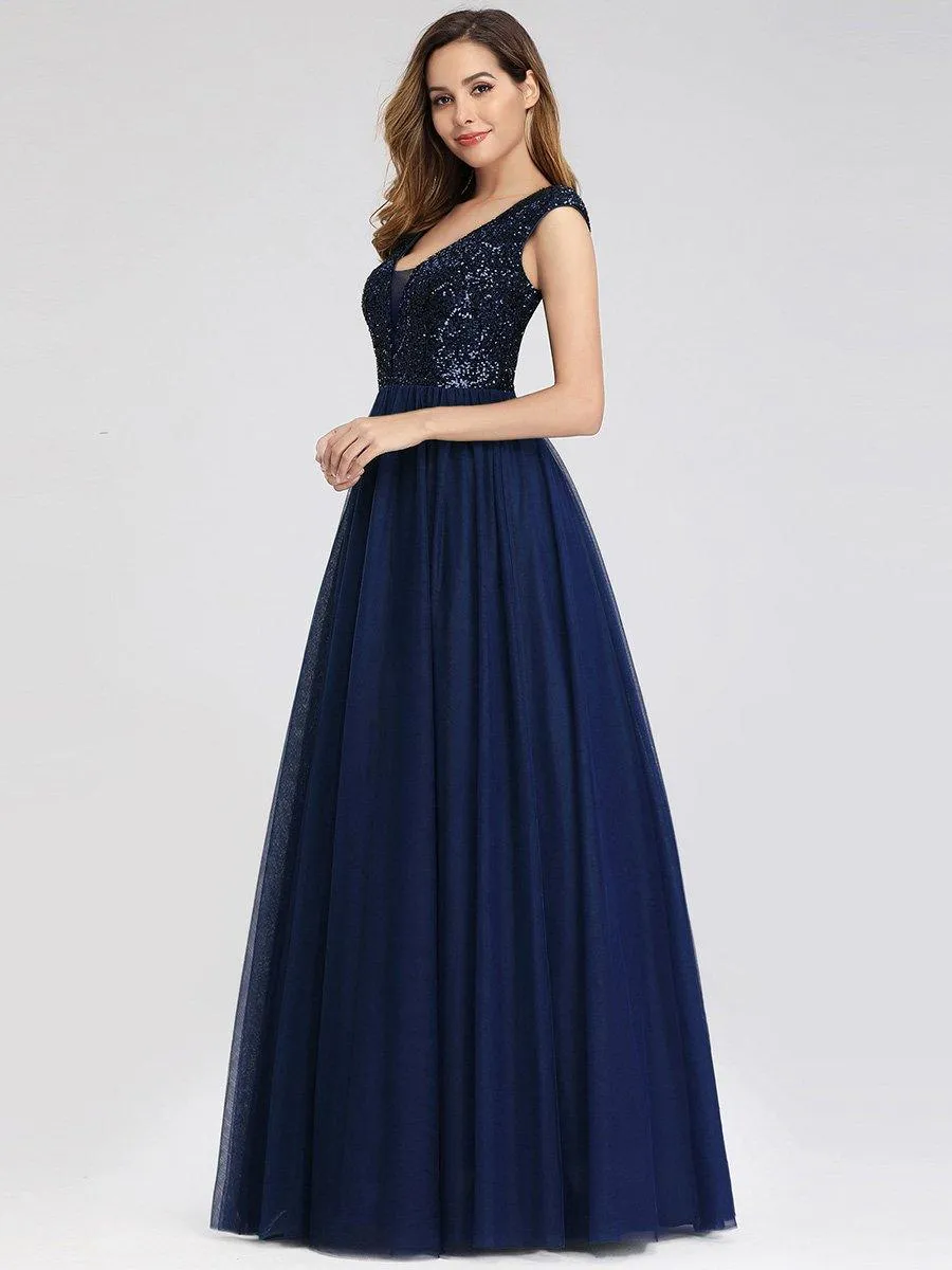 Robe de Soirée Longue à Paillettes et Col en V Profond(Vente finale)