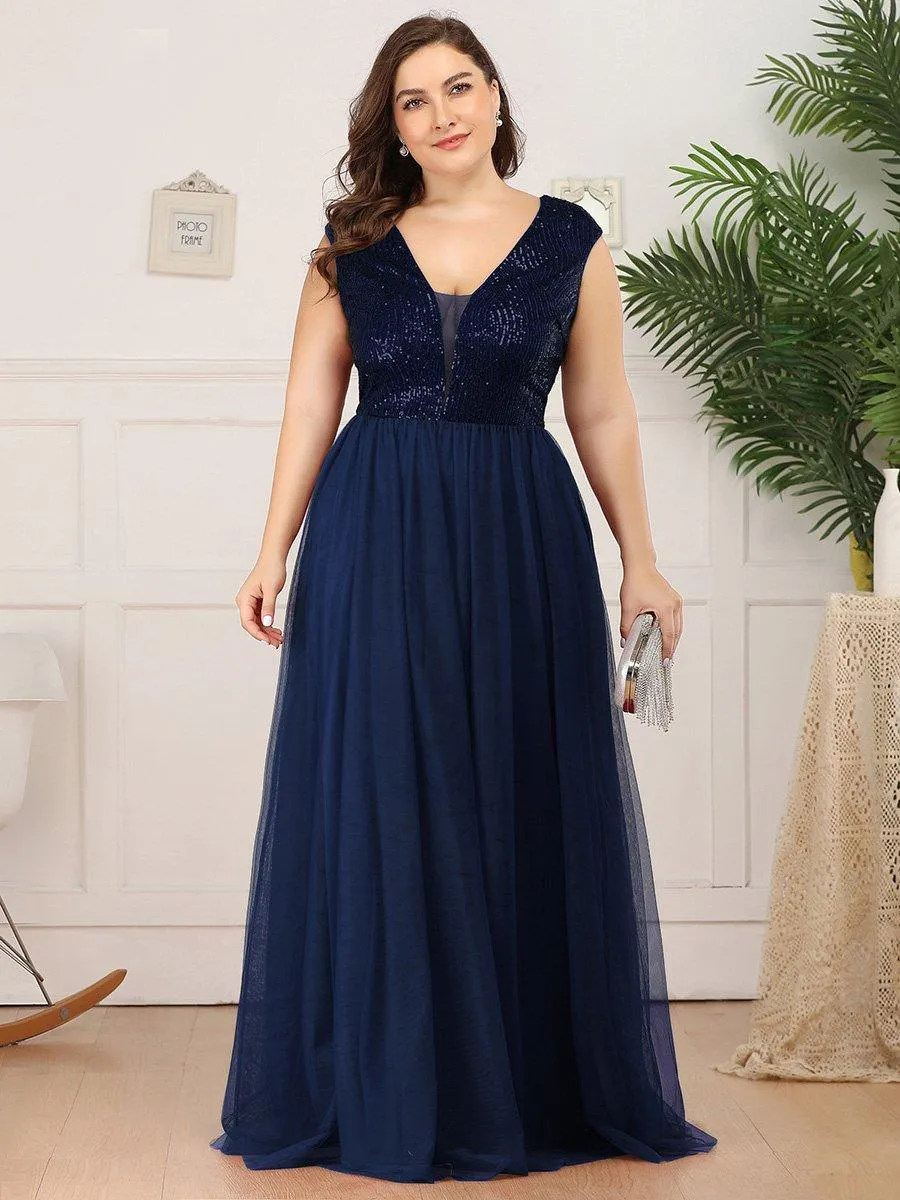 Robe de Soirée Longue à Paillettes et Col en V Profond(Vente finale)