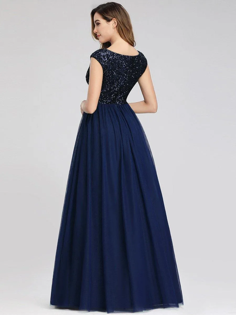 Robe de Soirée Longue à Paillettes et Col en V Profond(Vente finale)