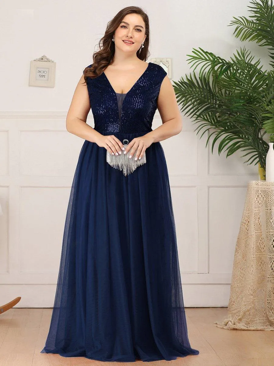Robe de Soirée Longue à Paillettes et Col en V Profond(Vente finale)