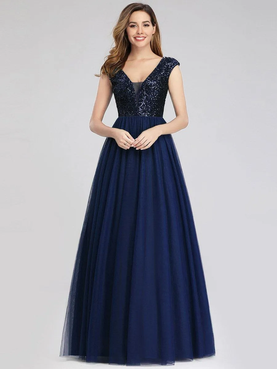 Robe de Soirée Longue à Paillettes et Col en V Profond(Vente finale)