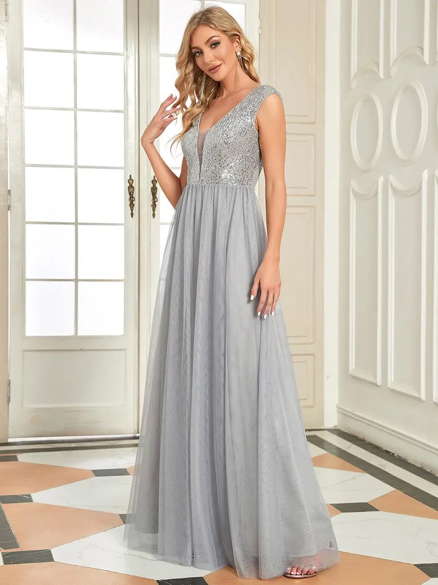 Robe de Soirée Longue à Paillettes et Col en V Profond(Vente finale)