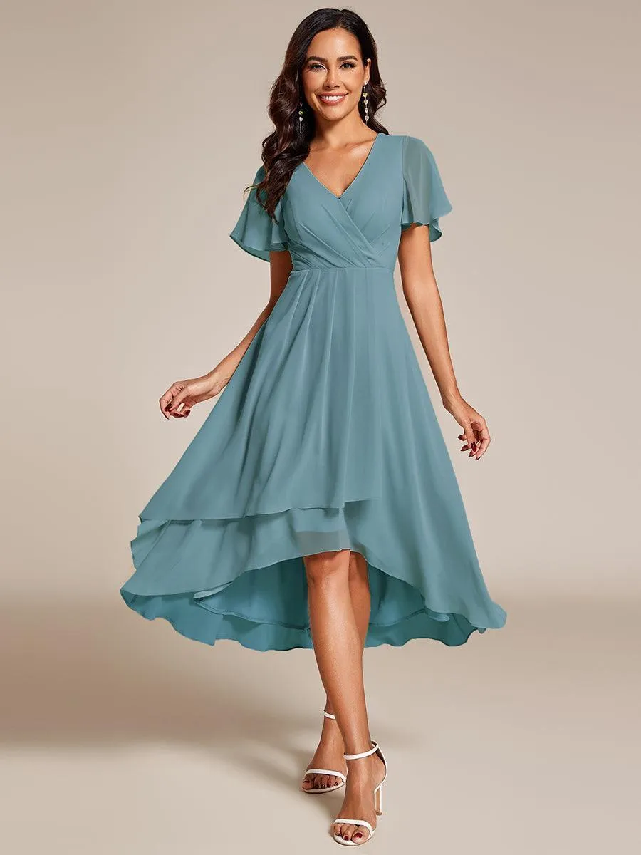 Robe de soirée midi en mousseline plissée à col en V et manches volantées
