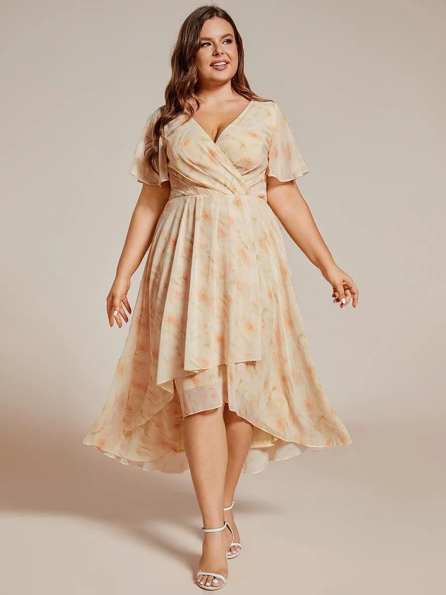 Robe de soirée midi en mousseline plissée à col en V et manches volantées