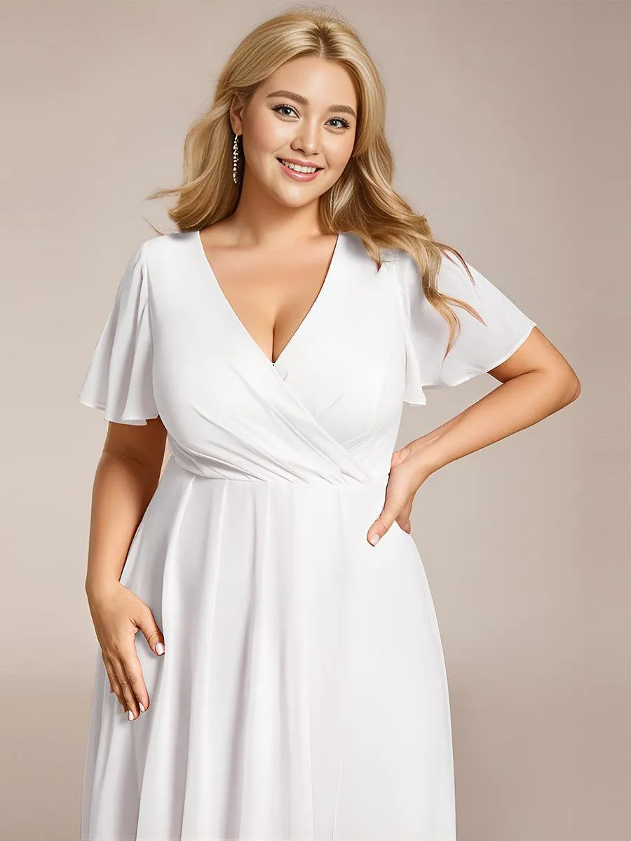 Robe de soirée midi en mousseline plissée à col en V et manches volantées