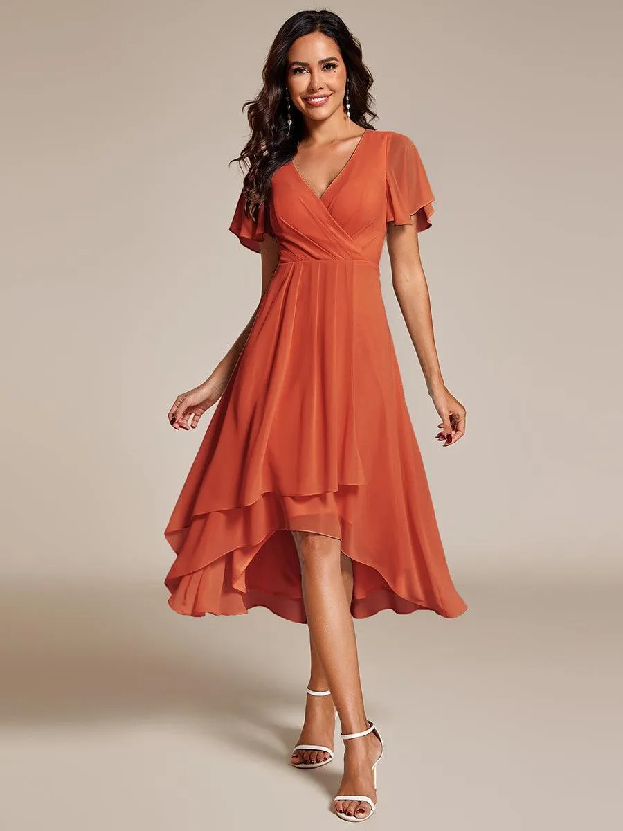 Robe de soirée midi en mousseline plissée à col en V et manches volantées