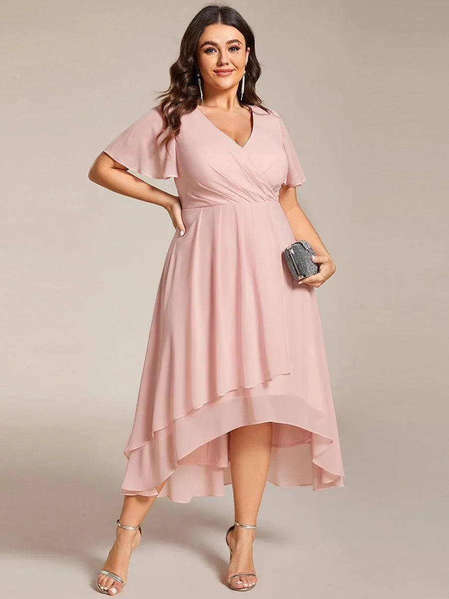 Robe de soirée midi en mousseline plissée à col en V et manches volantées