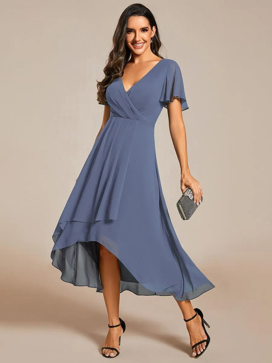 Robe de soirée midi en mousseline plissée à col en V et manches volantées