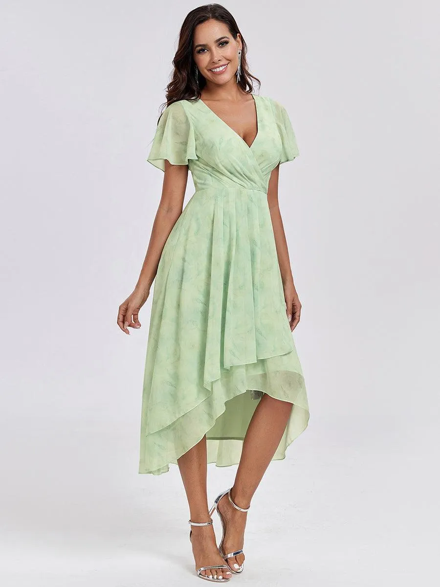 Robe de soirée midi en mousseline plissée à col en V et manches volantées