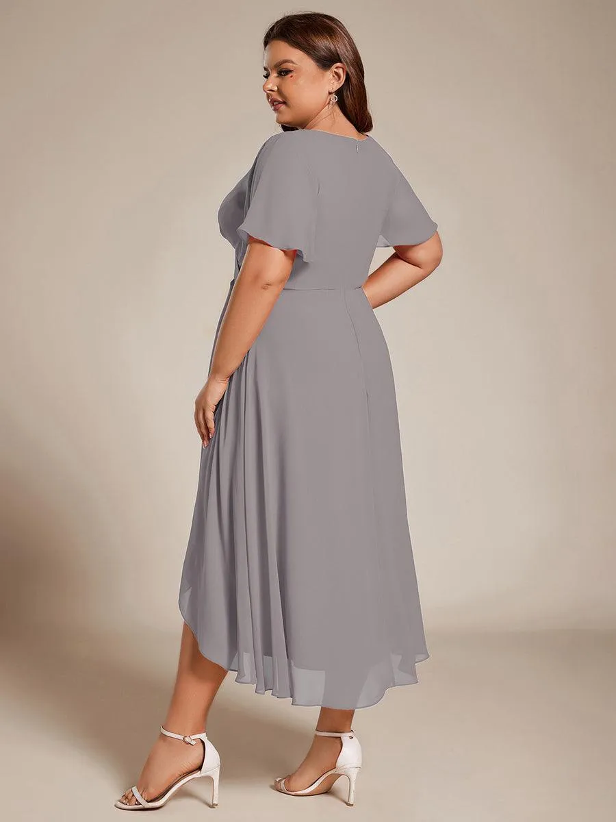 Robe de soirée midi en mousseline plissée à col en V et manches volantées