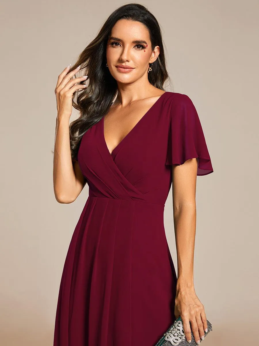 Robe de soirée midi en mousseline plissée à col en V et manches volantées