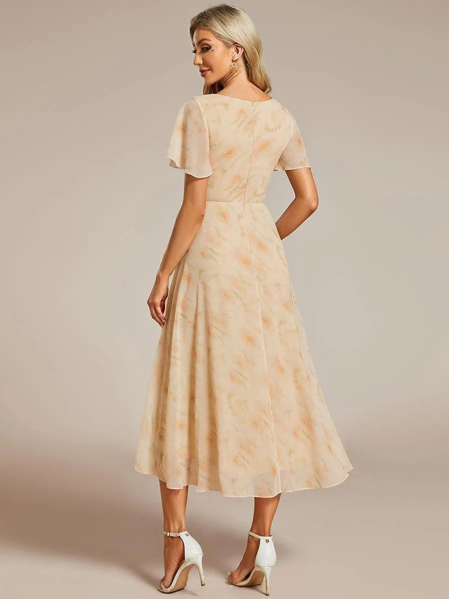 Robe de soirée midi en mousseline plissée à col en V et manches volantées