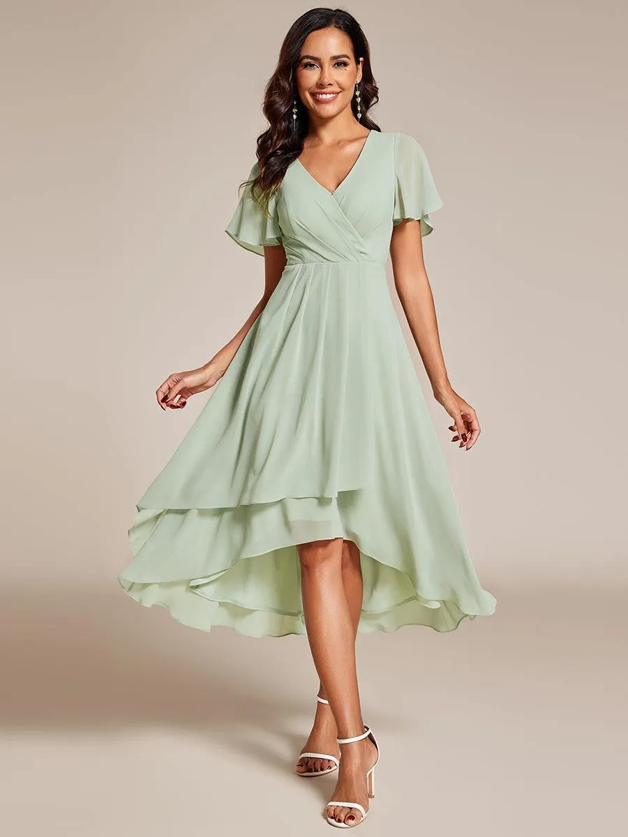 Robe de soirée midi en mousseline plissée à col en V et manches volantées