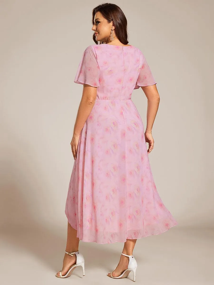 Robe de soirée midi en mousseline plissée à col en V et manches volantées