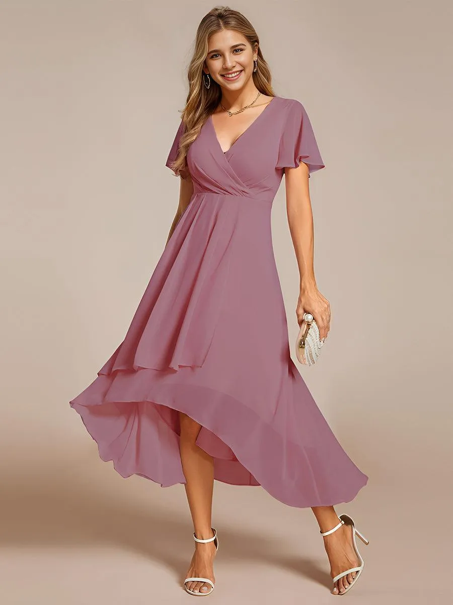 Robe de soirée midi en mousseline plissée à col en V et manches volantées