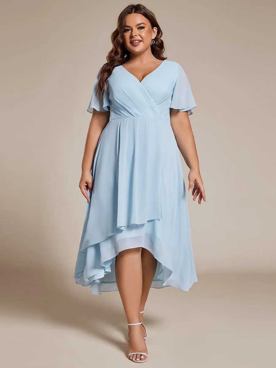 Robe de soirée midi en mousseline plissée à col en V et manches volantées