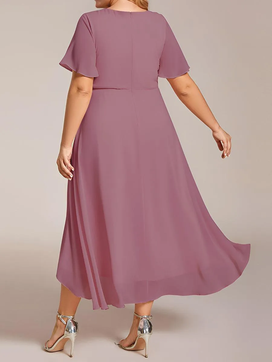 Robe de soirée midi en mousseline plissée à col en V et manches volantées