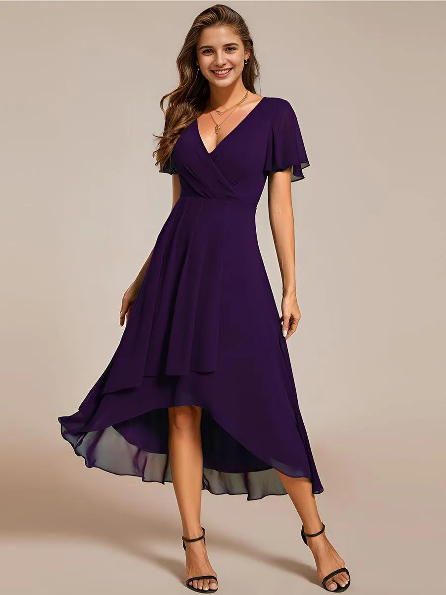 Robe de soirée midi en mousseline plissée à col en V et manches volantées