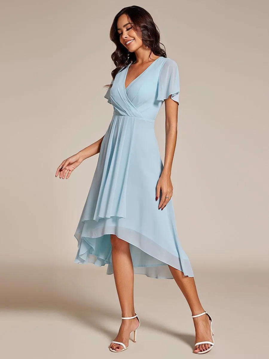 Robe de soirée midi en mousseline plissée à col en V et manches volantées