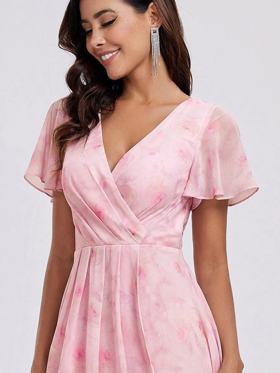 Robe de soirée midi en mousseline plissée à col en V et manches volantées