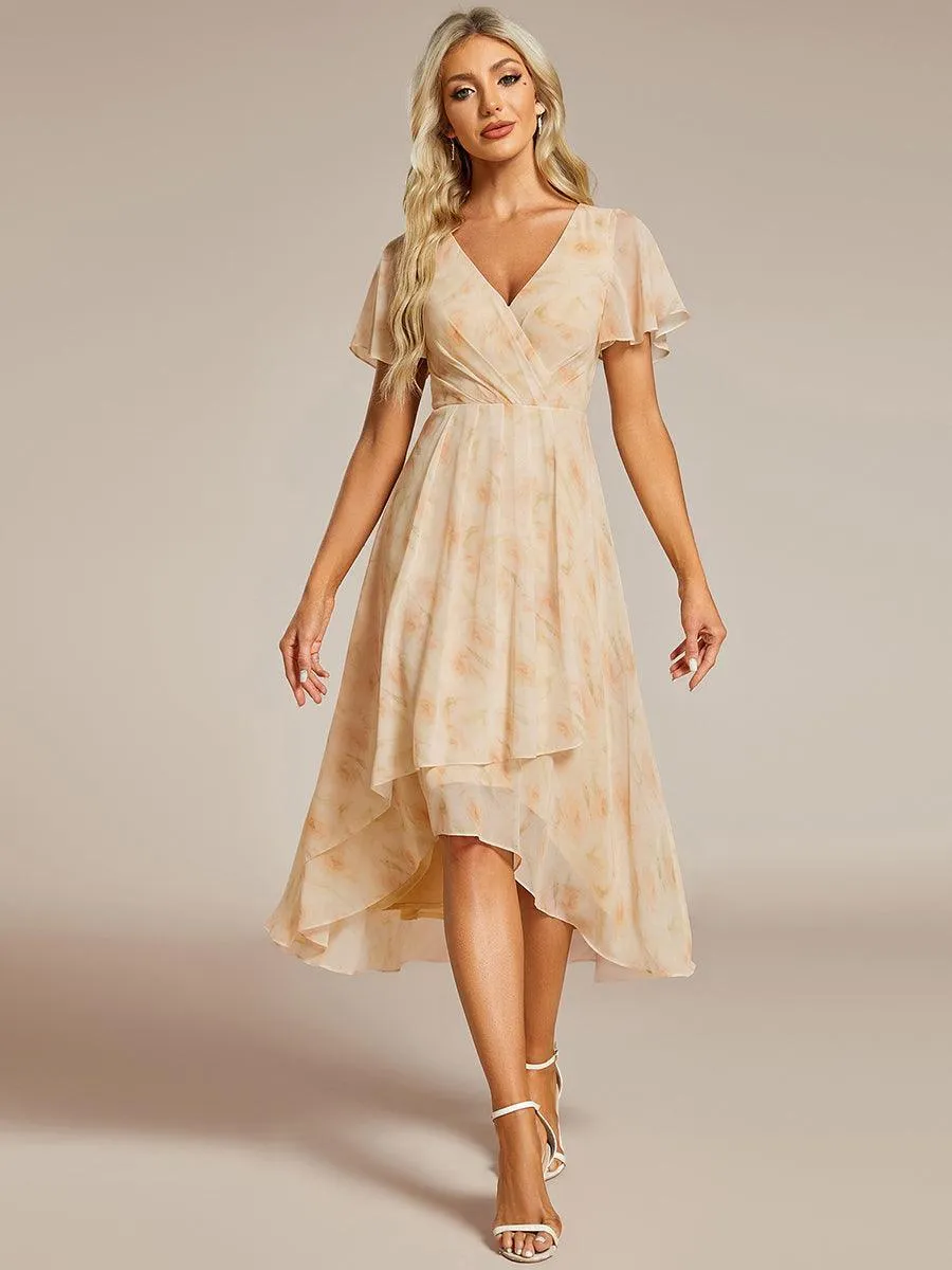 Robe de soirée midi en mousseline plissée à col en V et manches volantées