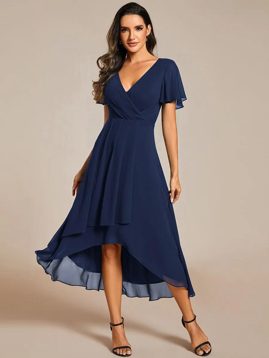 Robe de soirée midi en mousseline plissée à col en V et manches volantées