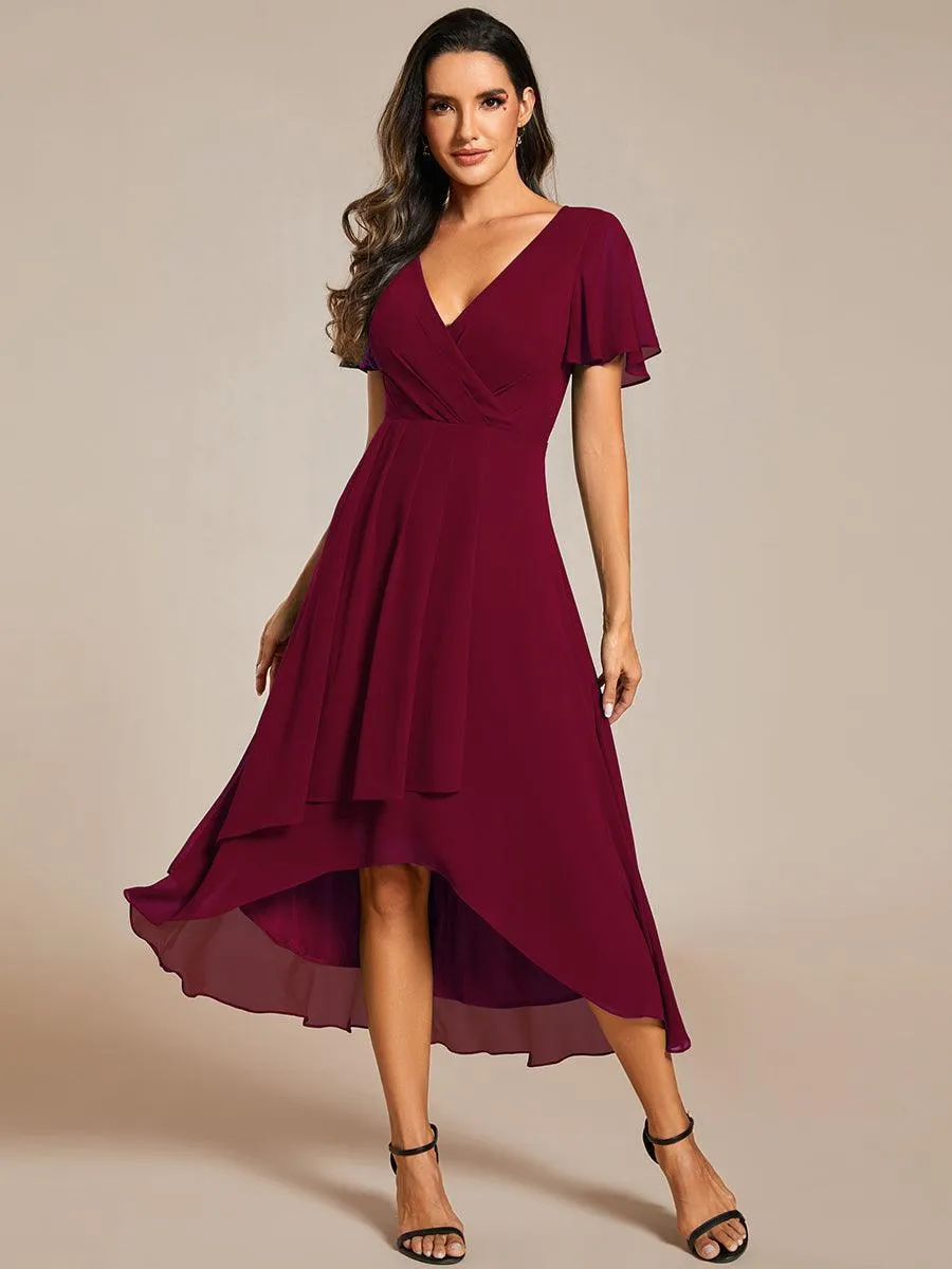 Robe de soirée midi en mousseline plissée à col en V et manches volantées