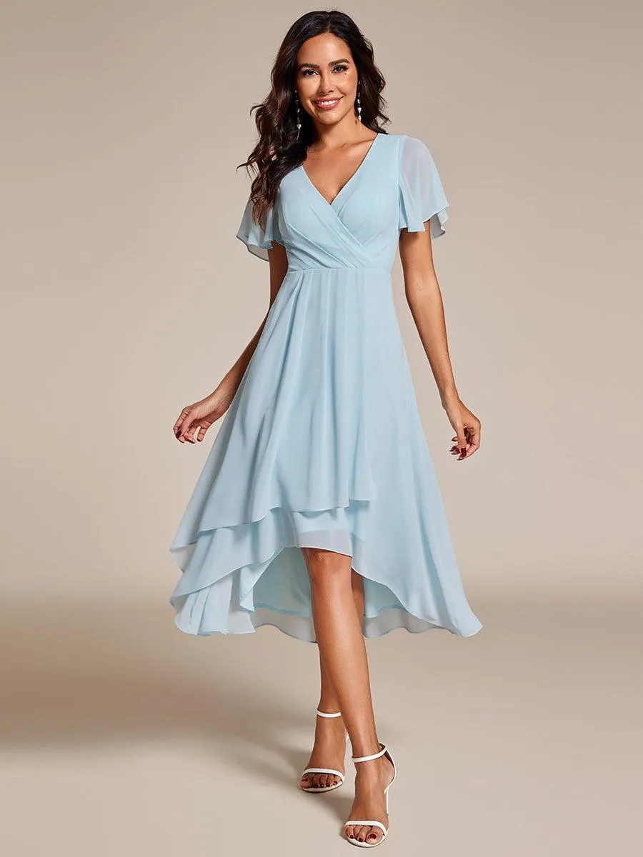 Robe de soirée midi en mousseline plissée à col en V et manches volantées