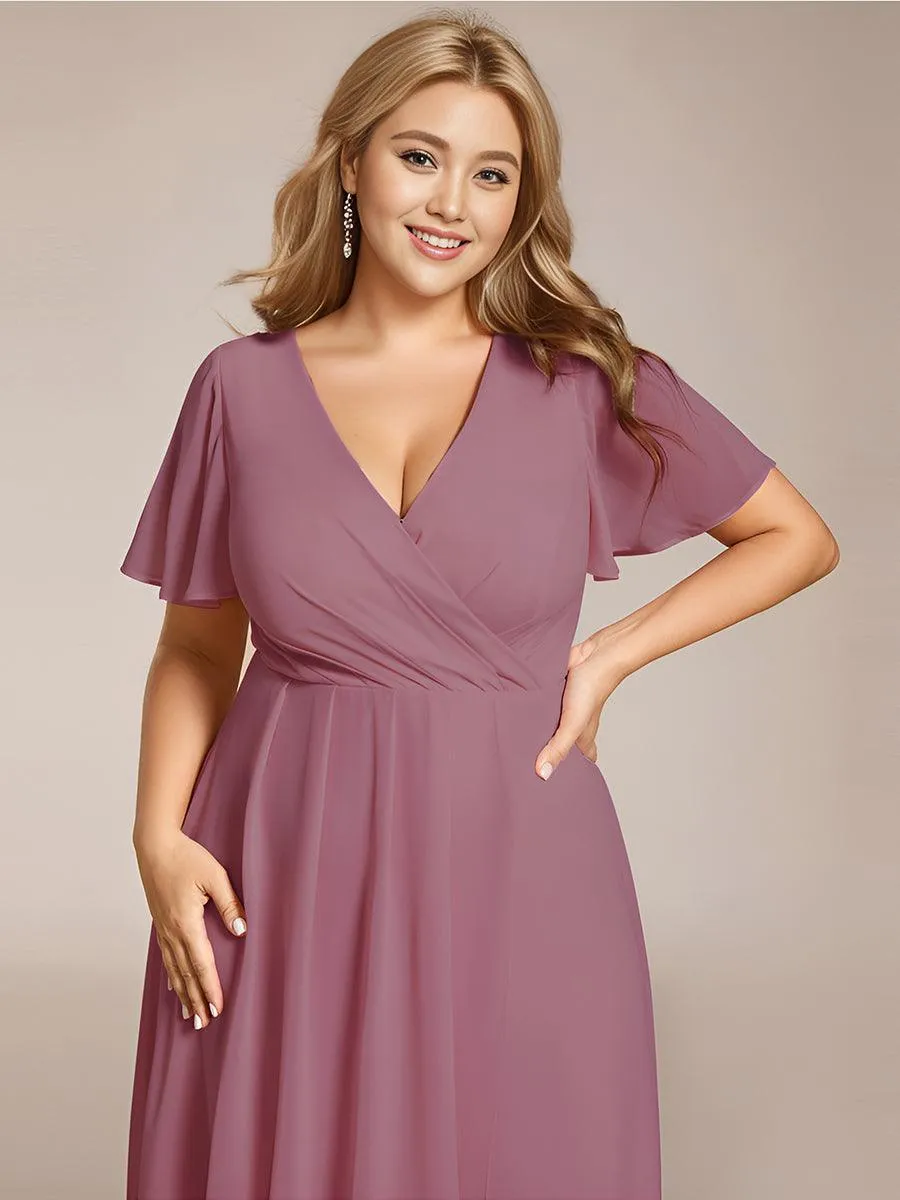 Robe de soirée midi en mousseline plissée à col en V et manches volantées