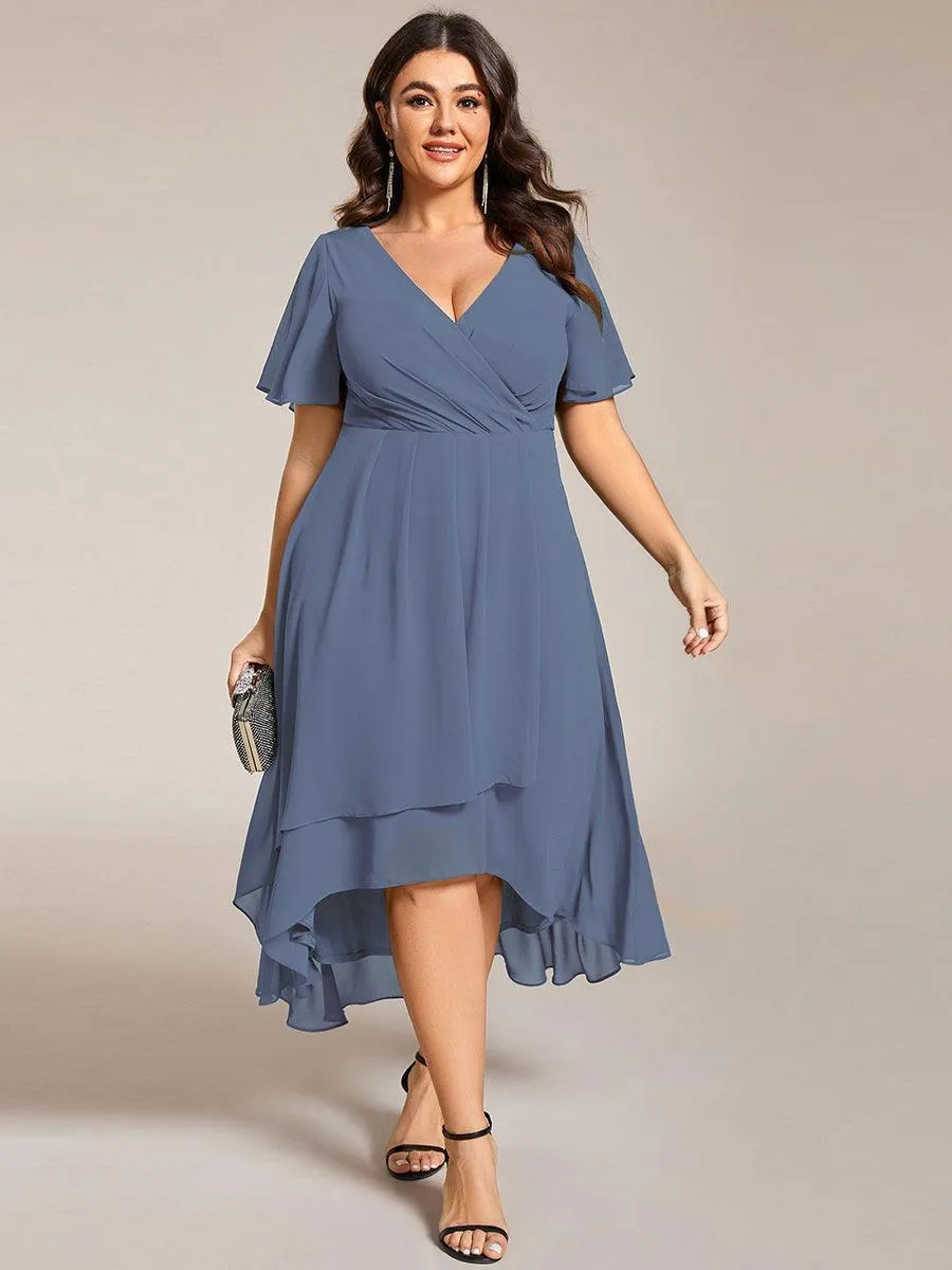 Robe de soirée midi en mousseline plissée à col en V et manches volantées