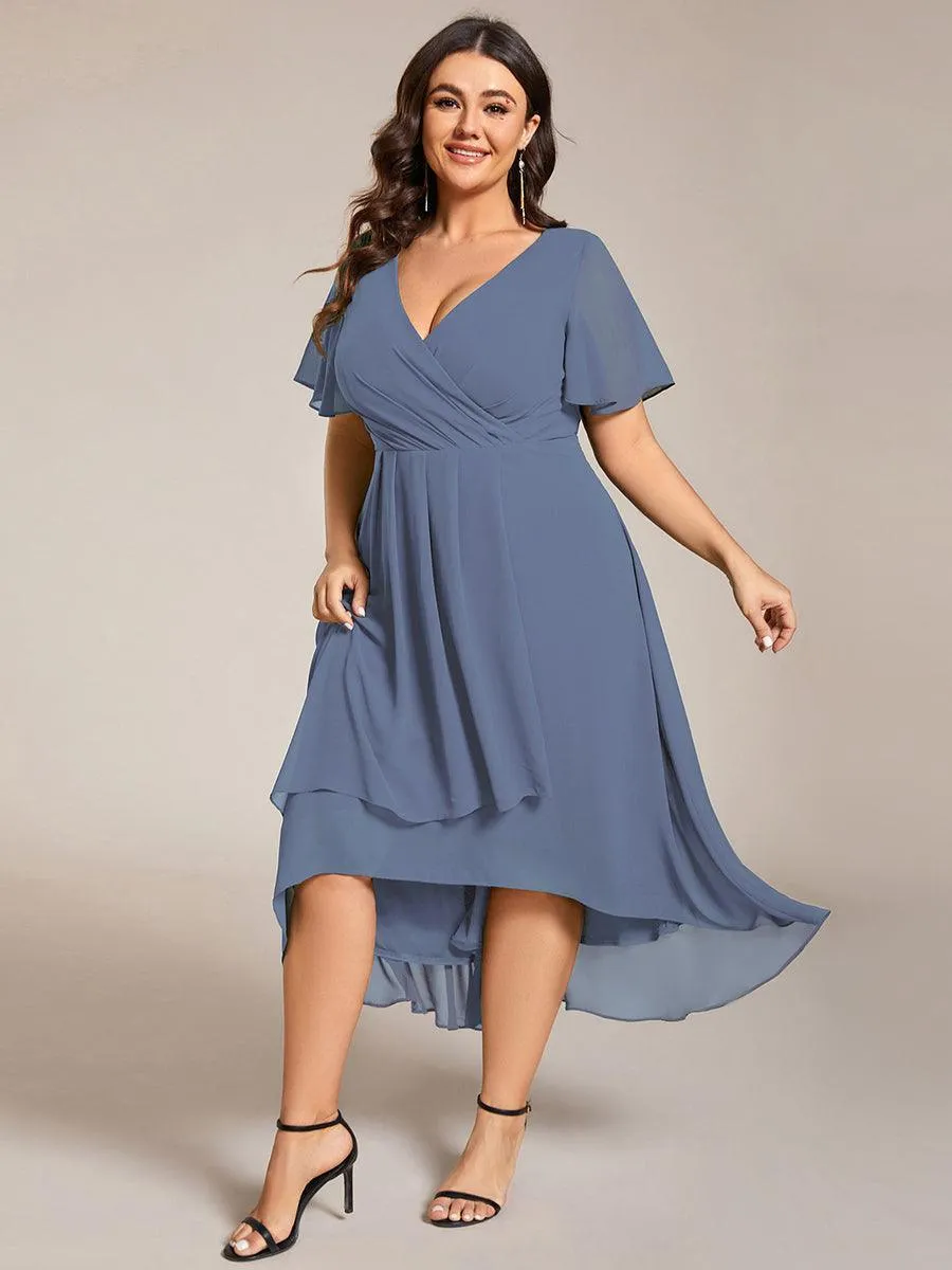 Robe de soirée midi en mousseline plissée à col en V et manches volantées