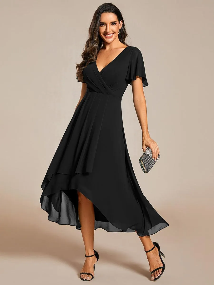 Robe de soirée midi en mousseline plissée à col en V et manches volantées