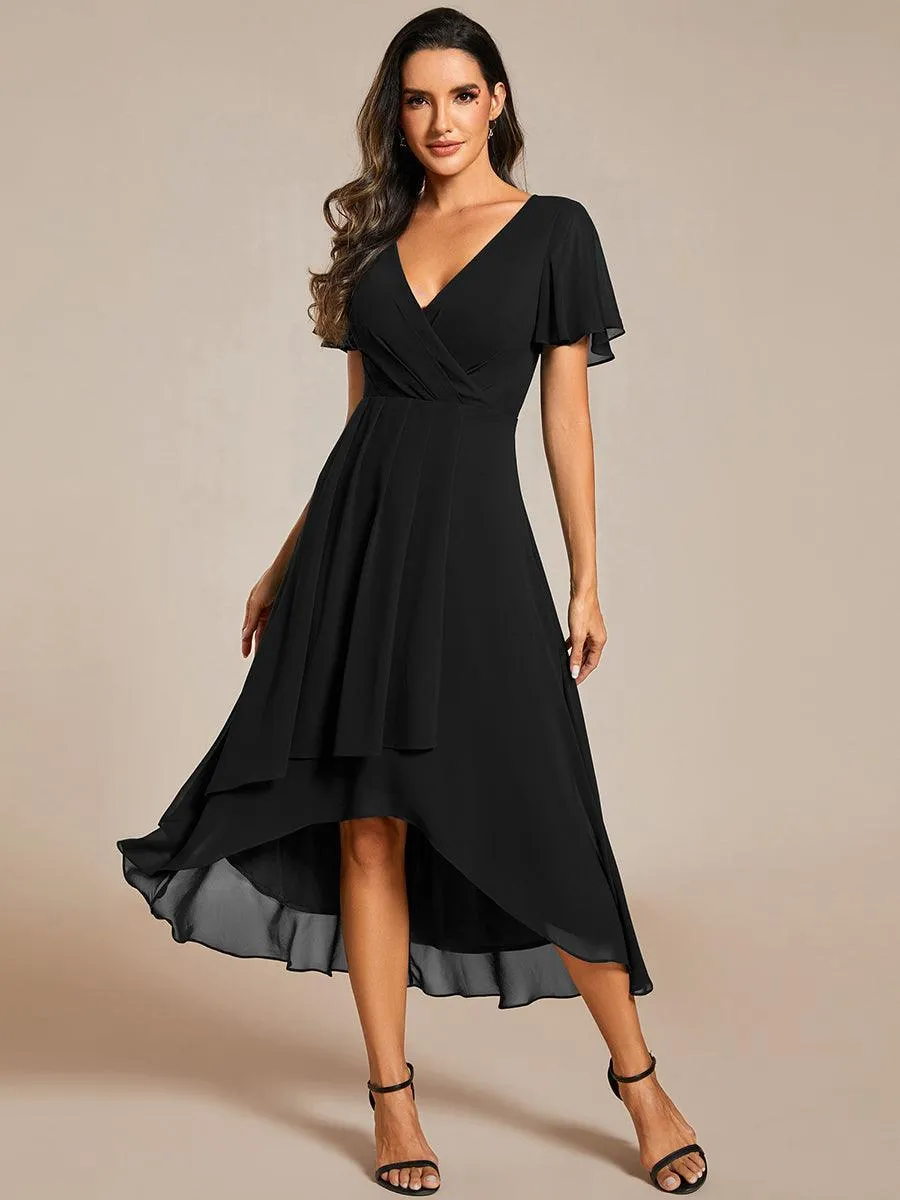 Robe de soirée midi en mousseline plissée à col en V et manches volantées